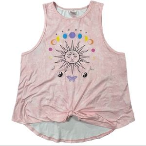 No Boundaries size medium sleeveless pink solar system front knot shirt NWT